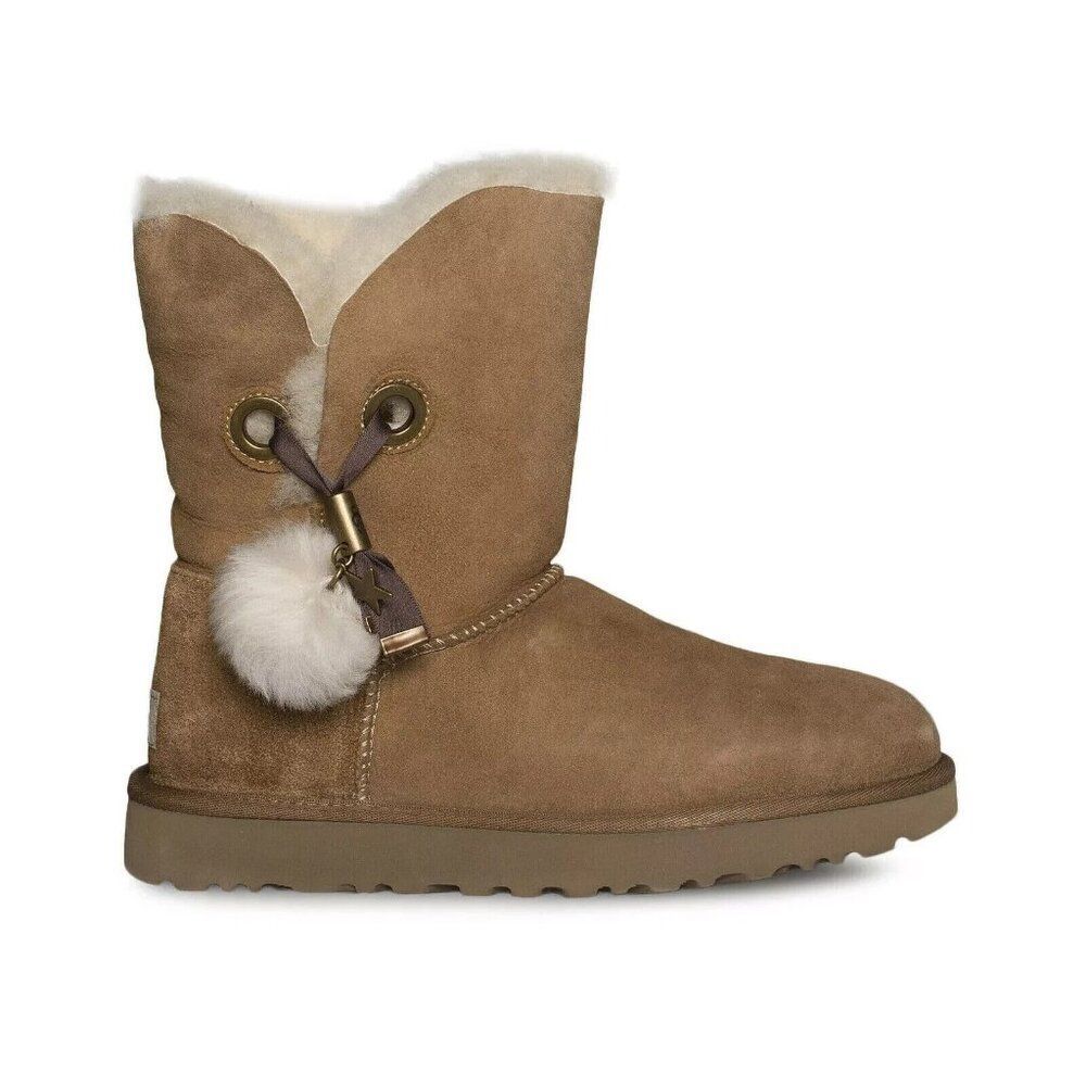 UGG Irina‎ Tessie Pom Pom Boot Womens 7 Chestnut Crystal Detail Suede 1138130